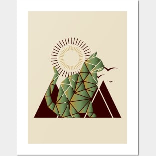 Vintage geometric cat with mountains Posters and Art